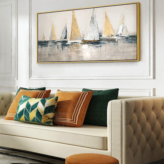 Large Wall Art Handmade Abstract Sailboats Oil Painting On Canvas Hand Painted Home Wall Decoration Paintin,27inx54in,No Frame g