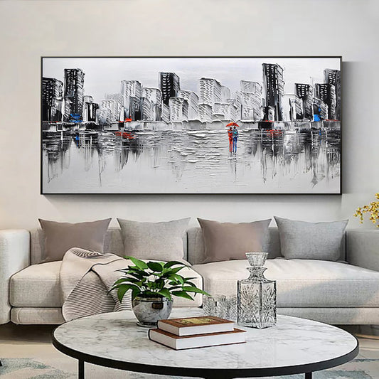 Hand painted Abstract City Building Oil Painting Wall Art Handmade Canvas Painting for Livingroom Home,27inx54in,No Frame
