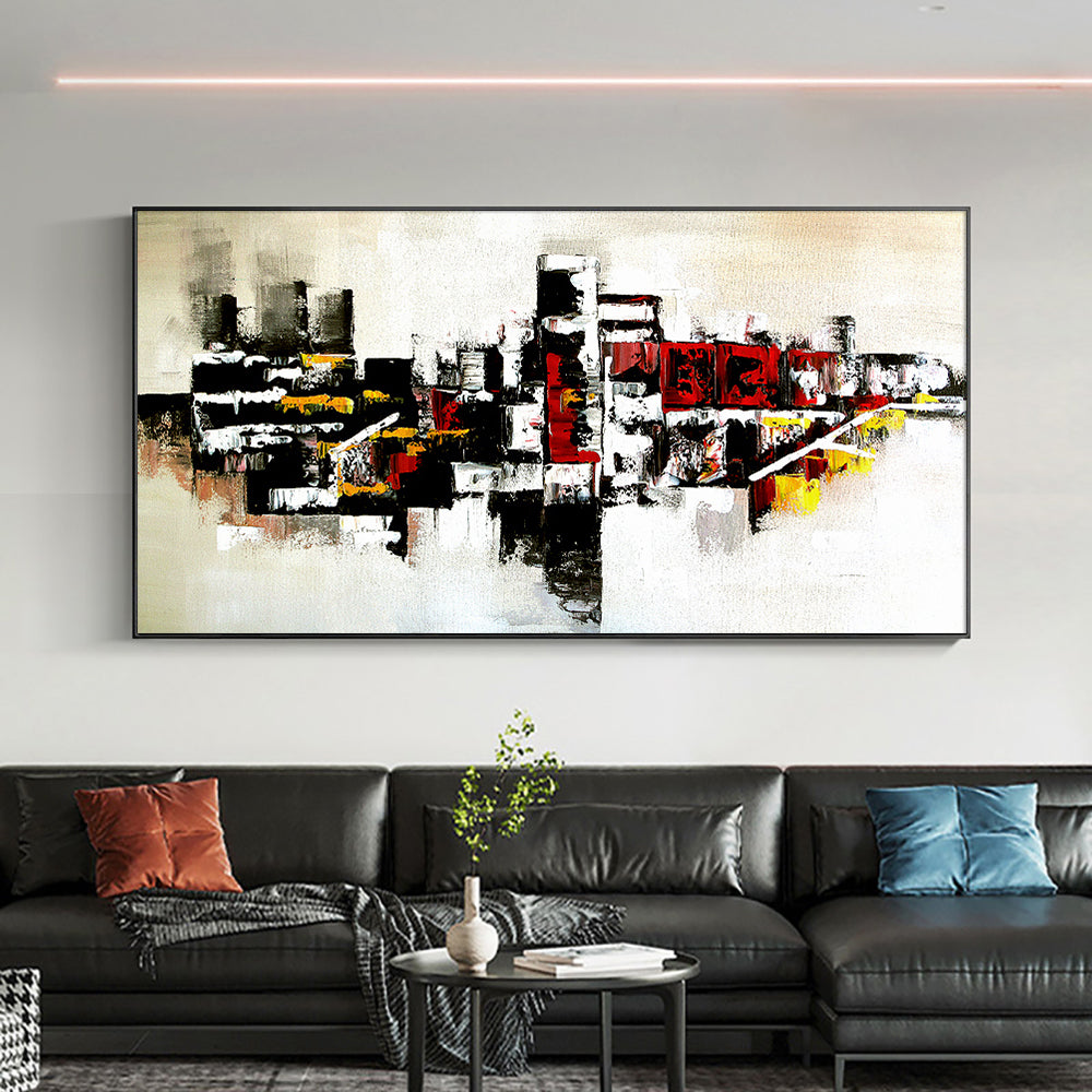 Abstract Red Yellow White Black Oil Painting Hand Painted On Canvas Thick Textured Wall Art,27inx54in,No Frame