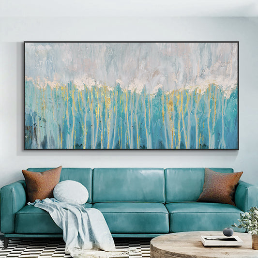 Abstract Green Blue Painting With Gold Foils Hand Painted Oil Painting On Canvas Modern Wall,27inx54in,No Frame