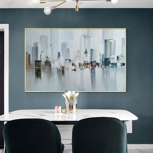 Abstract Big City Buildings By The River With Small Boats  Hand Painted Oil Painting,27inx54in,No Frame