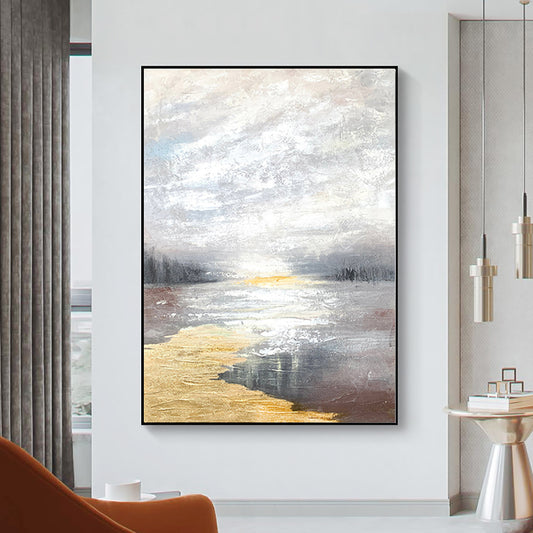 Hand Painted Beautiful Oil Painting Abstract Landscape Sunrise River Canvas Painting Art Living Room Decoration Wall For Living Room,31inx47in,No Frame