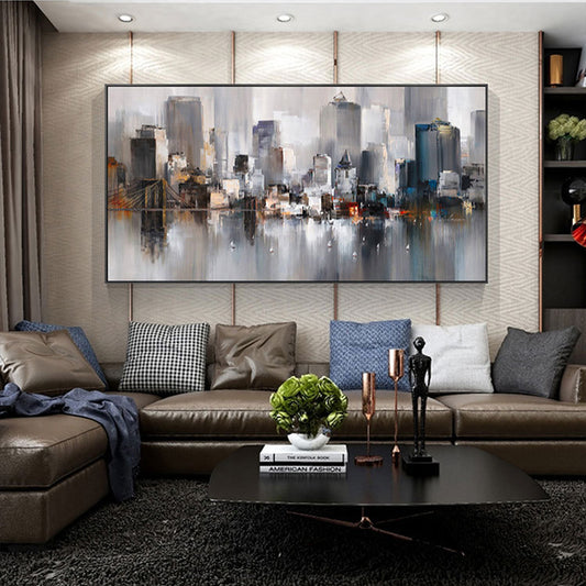 Wall Art Cityscape Oil Painting Hand Painted Decorative Modern Abstract Urban Colorful Handmade Painting For Living,27inx54in,No Frame