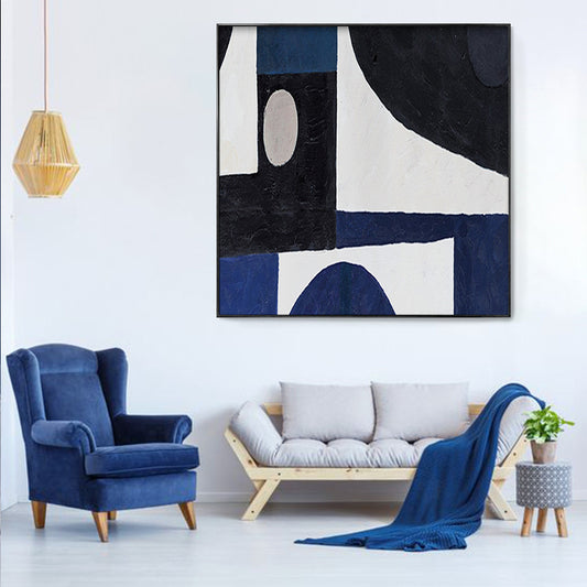 Hand painted Oil Painting Abstract Geometric Color Block Blue Canvas Painting Home Decoration Art Oil Painting,31inx31in,No Frame