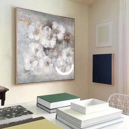 Texture White Flowers Picture Wall Art Hand Painted Modern Abstract Oil Painting On Canvas For Living,31inx31in,No Frame