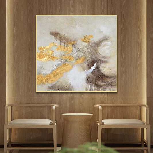 Hand Painted Oil Painting Aisle Decorative Painting Abstract Gold Foil Living Room Sofa Background Wall,31inx31in,No Frame