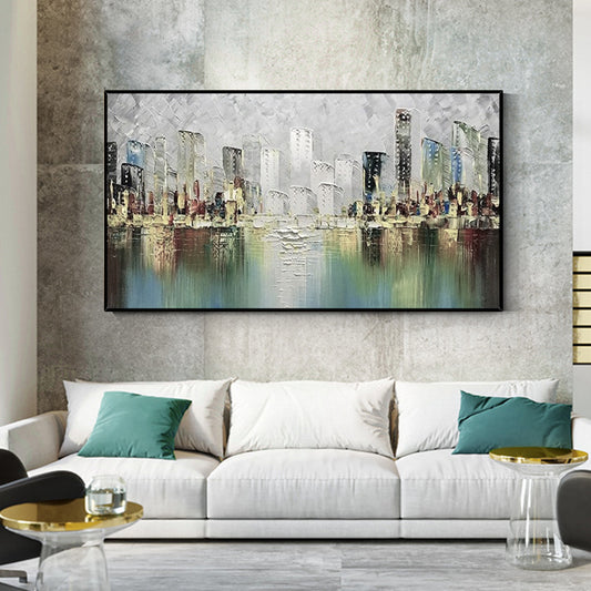 Hand painted Oil Painting Abstract City Black and White Wall Decorative Painting Architecture Hanging Painting Wall,27inx54in,No Frame