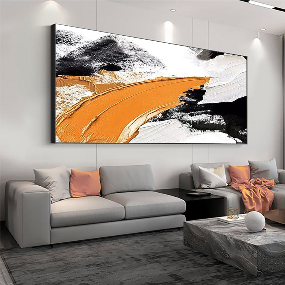 Abstract Orange Black White Oil Painting Hand Painted On Canvas Modern Handmade Wall Art,27inx54in,No Frame