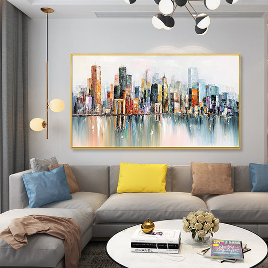 Wall Art Cityscape Oil Painting Hand Painted Decorative Modern Abstract Urban Colorful Handmade Painting For Living,27inx54in,No Frame