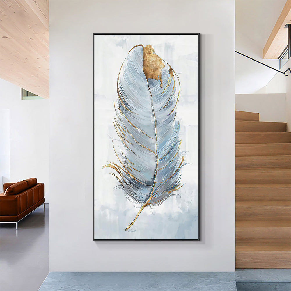 Abstract Grey Blue Feather With Gold Oil Painting Hand Painted On Canvas Modern Nordic Wall Art,27inx54in,No Frame