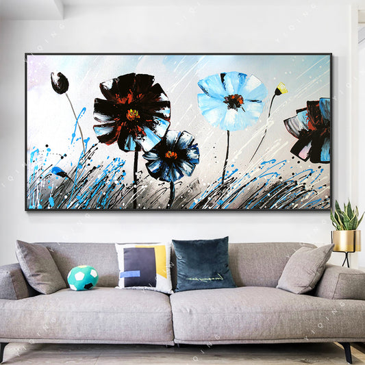 Abstract Blue Black Flowers Oil Painting  Hand Painted Plant Painting On Canvas Modern Wall Art,27inx54in,No Frame