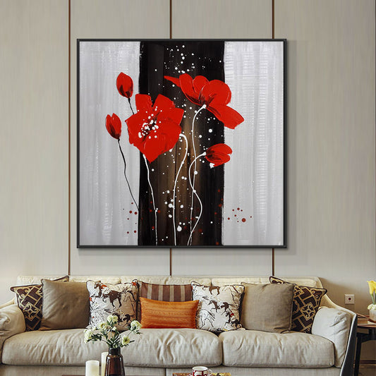 Abstract Red Flowers Painting  Hand Painted Oil Painting On Canvas Modern Wall Art Painting For Living Room,31inx31in,No Frame