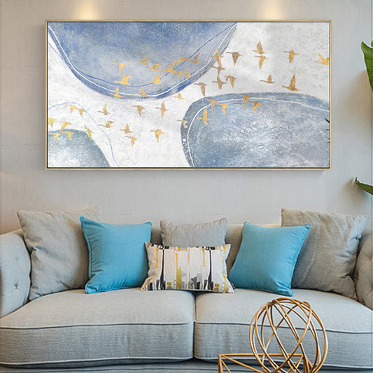 #320 Oil Painting On Canvas Hand Painted Large Size Geometry Textured Bird Painting Handmade Wall,27inx54in,No Frame