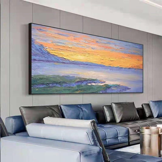 Hand painted Landscape Oil Painting Horizontal Sea View Sofa Decorative Painting Nordic Luxury Living Room Study,27inx54in,No Frame