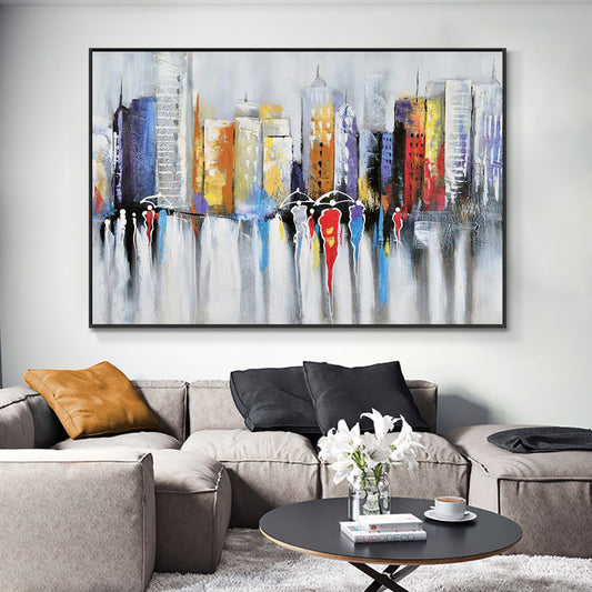 Large City Buildings Painting  Hand Painted Oil Painting On Canvas Abstract Textural Figure Wall,27inx54in,No Frame