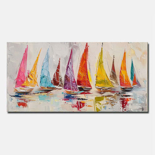 Hand Painted Oil Painting On Canvas Abstract Wall Art Blue Sailing boat  Unframed/Rolled