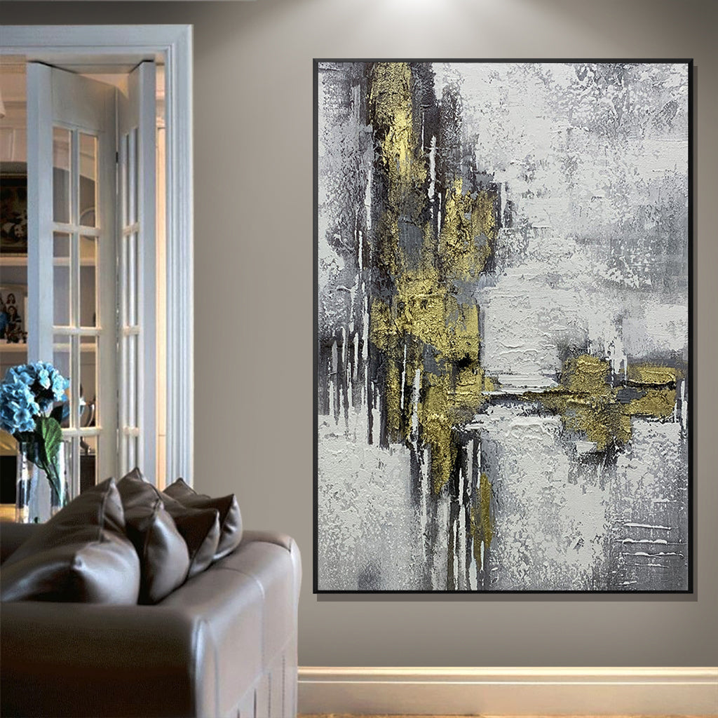 Gold Foil Design Textured Oil Painting Hand Painted Abstract Newest Wall Canvas Art For Modern,31inx47in,No Frame