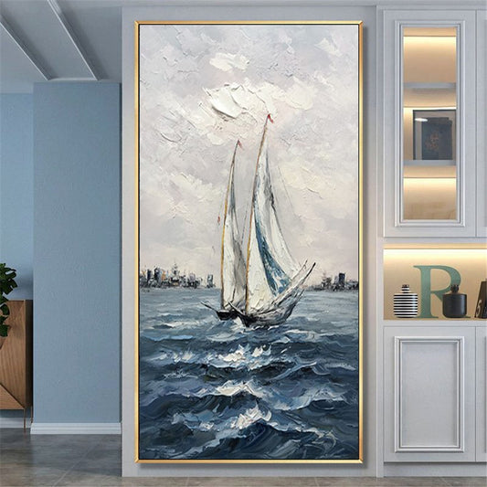 Hand Painted Oil Painting Sailboat Sea Landscape On Canvas Handmade Paintings Large Salon Decoration Abstract Wall,27inx54in,No Frame