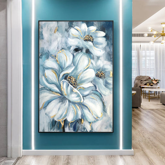 Morden Abstract White Luxury Flower Oil Painting Canvas Wall Art Hand Paint Original Golden Oil Painting Wall Art For Home Living Room,31inx47in,No Frame