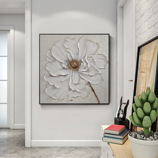 Hand Painted Modern Abstract White Flower Oil Painting On Canvas Wall Art Picture For Living room,31inx31in,No Frame
