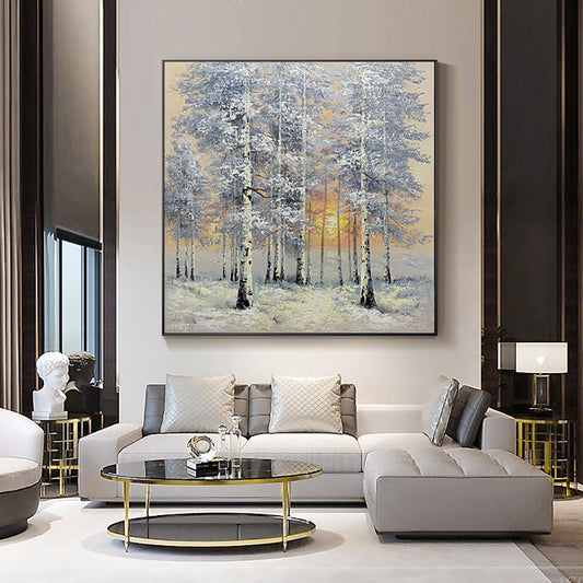 Pure Hand Painted Oil Painting Snow Scene Birch Sunrise Decorative Painting Nordic Landscape Painting Hotel Home,31inx31in,No Frame