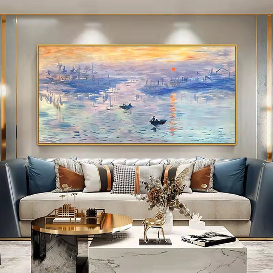 Handpainted Oil Painting Monet Sunrise Living Room Decorative Painting Modern Sofa Background Wall Abstract Art Hanging,27inx54in,No Frame