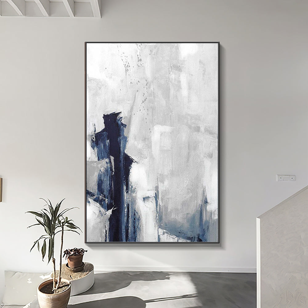 Navy Blue and Gold Foil Block Canvas Oil Painting Artworks Modern Vertical Abstract Handmade Oil Painting Wall Art For Home Living Room,31inx47in,No Frame