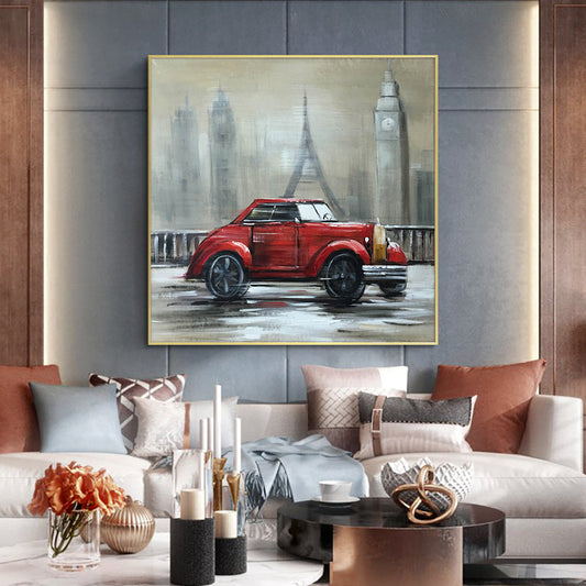 Abstract Red Car Painting  Handpainted Oil Painting On Canvas Fashion Modern Still Life Painting Wall,31inx31in,No Frame
