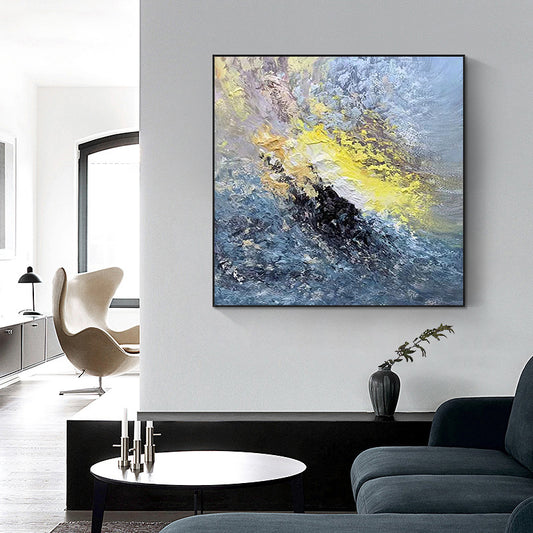 Large Handmade Art Knife Drawing Abstract Oil Painting Gold Blue Thick Oil Texture Canvas Art Mural,31inx31in,No Frame