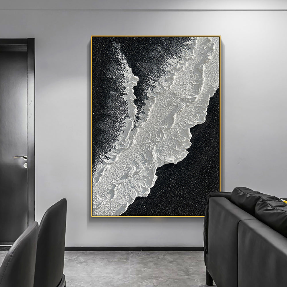 Hand Painted Oil Painting Black And White Wave 3D Texture Abstract Painting Living Room Decoration Painting,31inx47in,No Frame