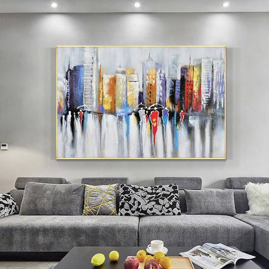 Large City Buildings Painting  Hand Painted Oil Painting On Canvas Abstract Textural Figure Wall,27inx54in,No Frame