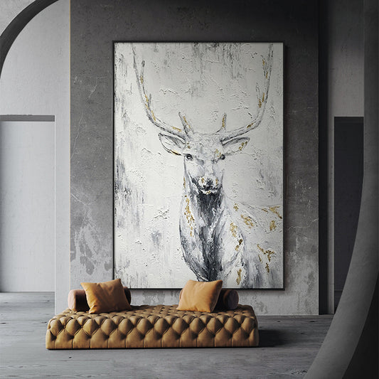 Animal Oil Painting On Canvas Hand Painted Rich Deer Picture Neo Classical Porch Mural Handmade Art,31inx47in,No Frame