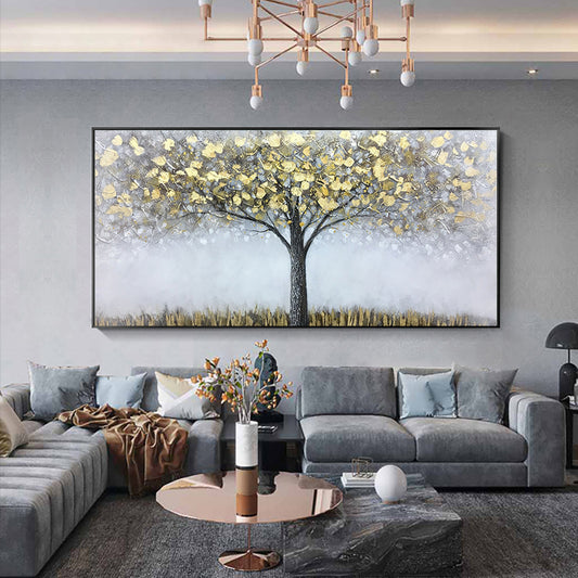 Abstract Gray Oil Painting Handmade Golden Fortune Tree On Canvas Hand Painted Artwork Painting Large Salon,27inx54in,No Frame