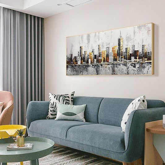 Handmade Building Oil Painting Abstract City Scenery Art Canvas Painting Wall Hangings Picture For Living Room,27inx54in,No Frame