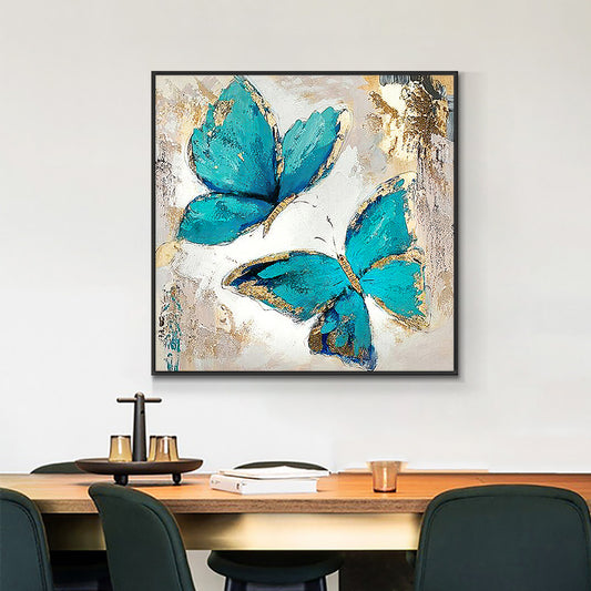Abstract Blue Butterflies With Gold Foil Painting  Hand Painted On Canvas Handmade Oil Painting Wall,31inx31in,No Frame