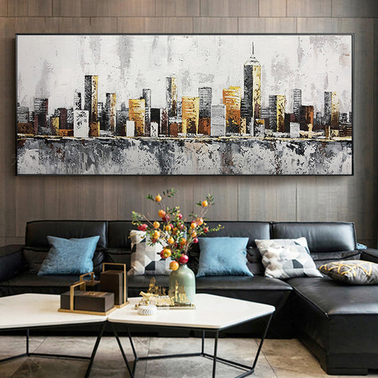 Handmade Building Oil Painting Abstract City Scenery Art Canvas Painting Wall Hangings Picture For Living Room,27inx54in,No Frame