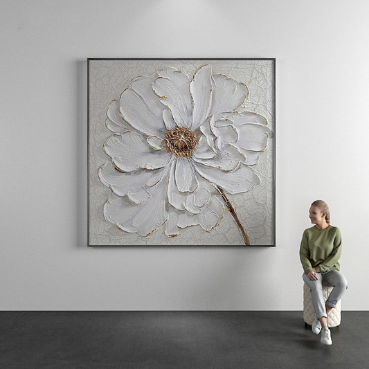 Hand Painted Modern Abstract White Flower Oil Painting On Canvas Wall Art Picture For Living room,31inx31in,No Frame