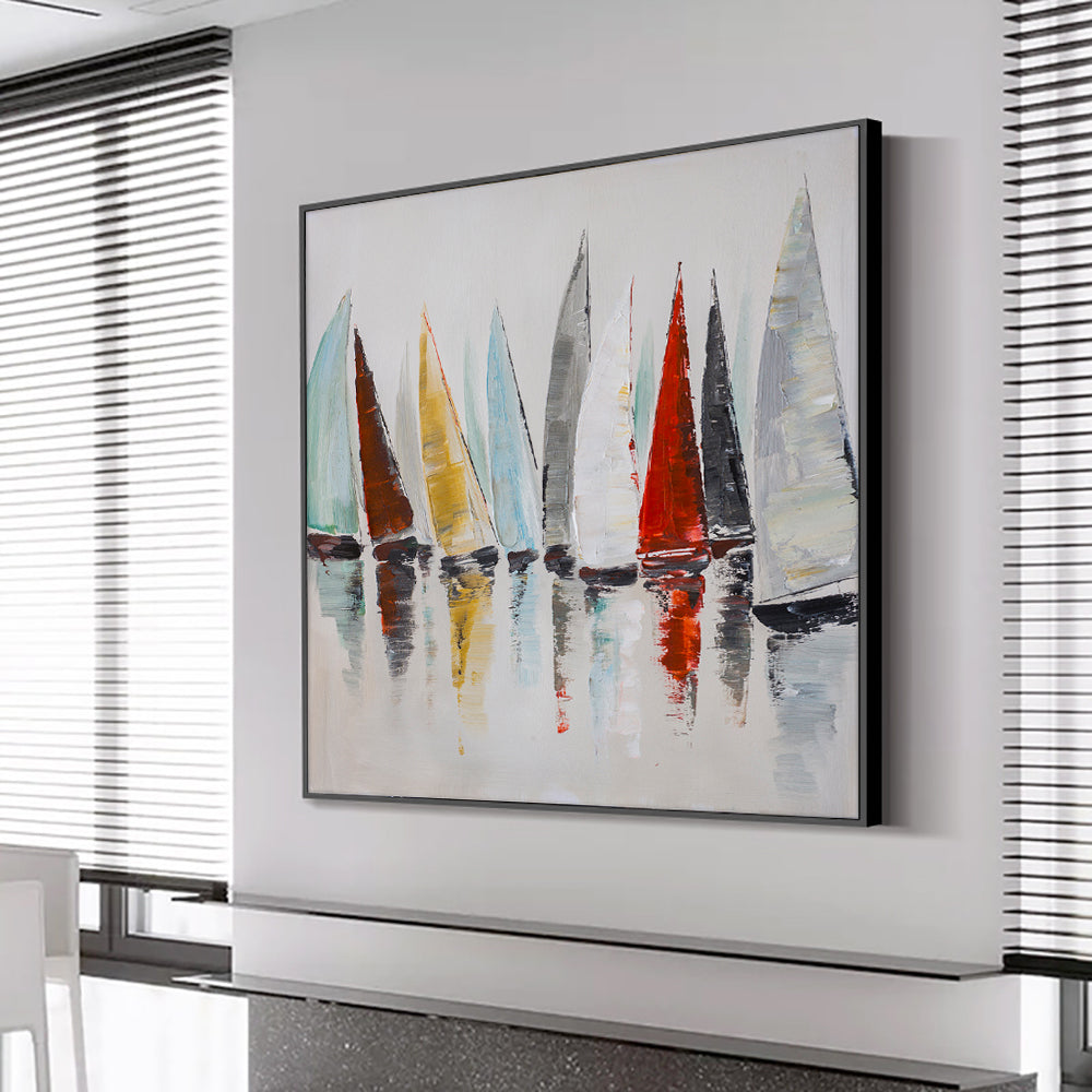 Hand Painted Oil Painting On Canvas Abstract Colorful Sailing Boat On The Sea Painting Modern,31inx31in,No Frame
