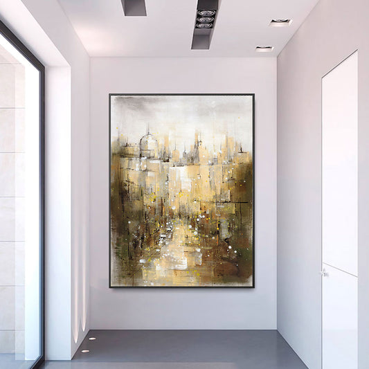 Abstract City Building Painting Picture  Handpainted Oil Painting On Canvas Handmade Wedding Decoration For Living Room,31inx47in,No Frame