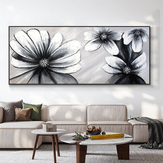 Abstract  Hand Painted Black White Flowers Oil Painting On Canvas Thick Palette Knife Painting Wall,27inx54in,No Frame