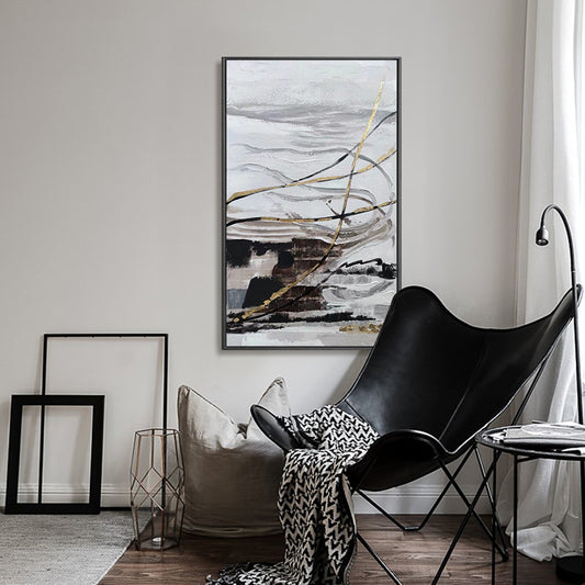 Abstract Gray Black Oil Painting With Gold Foils Hand Painted On Canvas Modern Handmade Wall,27inx54in,No Frame