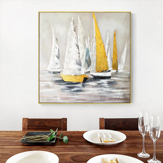 Handmade Oil Painting Sailboat Gold Foil Abstract Landscape Modern Minimalist Hotel Living Room Decoration Painting,31inx31in,No Frame