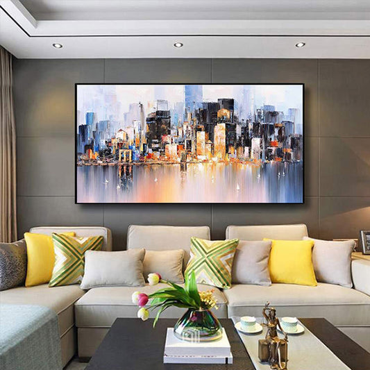 Wall Art Cityscape Oil Painting Hand Painted Decorative Modern Abstract Urban Colorful Handmade Painting For Living,27inx54in,No Frame