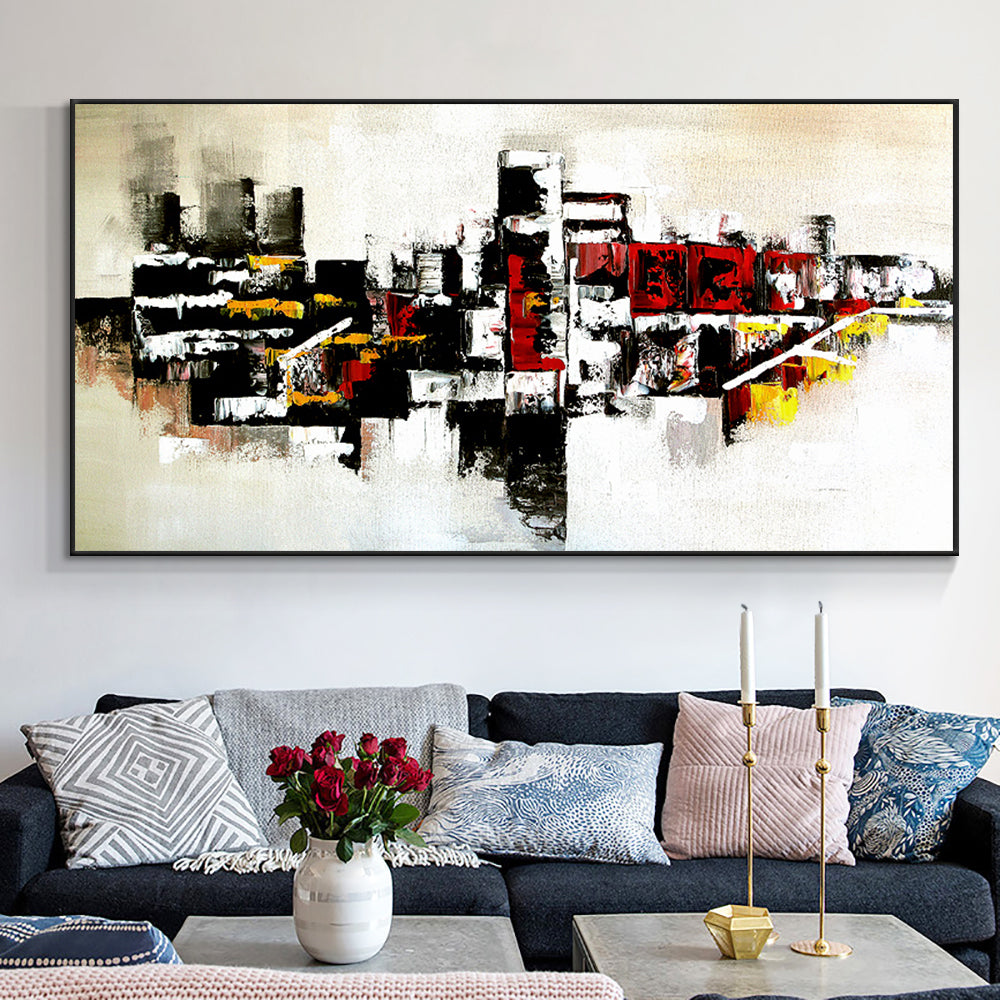 Abstract Red Yellow White Black Oil Painting Hand Painted On Canvas Thick Textured Wall Art,27inx54in,No Frame
