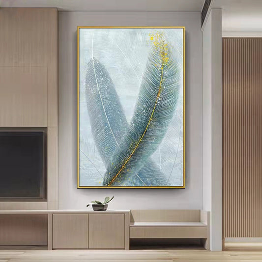 Hand Painted Modern Large Abstract Home Decor Wall Art Hanging Painting Handmade Gold Blue Vintage Feather,31inx47in,No Frame