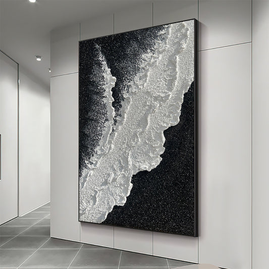 Hand Painted Oil Painting Black And White Wave 3D Texture Abstract Painting Living Room Decoration Painting,31inx47in,No Frame