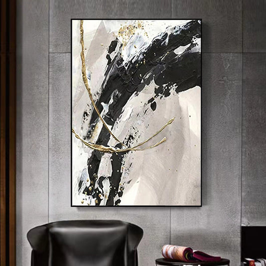 Hand painted Oil Painting Black and White Gray Abstract Gold Foil Large Living Room Sofa Background ,31inx47in,No Frame