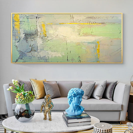 Hand painted Oil Painting Gold Green Living Room Porch Bedroom Decoration Painting Abstract Large,27inx54in,No Frame