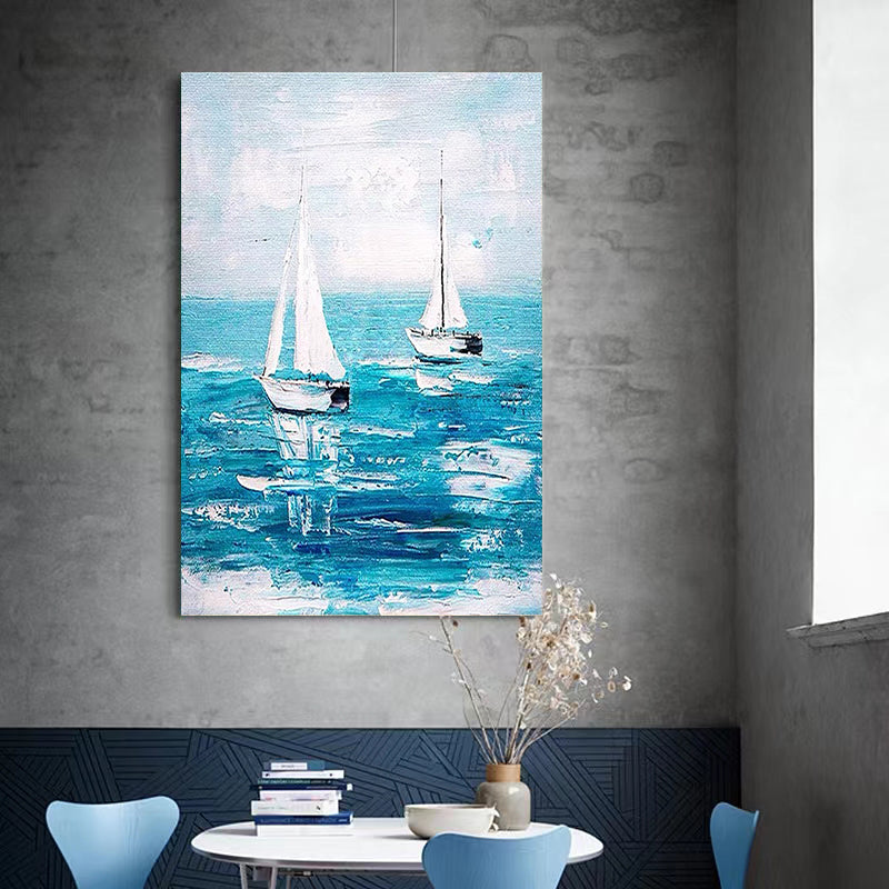Pure Hand painted Oil Painting Sailboat Decorative Painting Modern Dining Room Background Wall Senior Hanging Painting,31inx47in,No Frame
