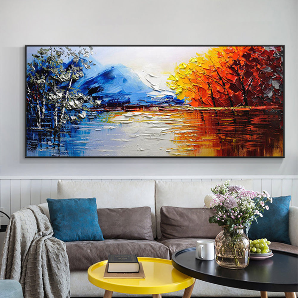 Hand painted Abstract Landscape Oil Painting Colorful Mordern Building Wall Art Handmade Canvas Painting for Living room,27inx54in,No Frame